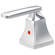 Chrome metal lever handle set with tapered base and red indicator dot for hot water.