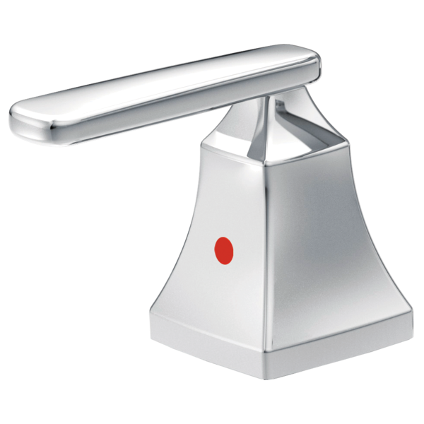 Chrome metal lever handle set with tapered base and red indicator dot for hot water.