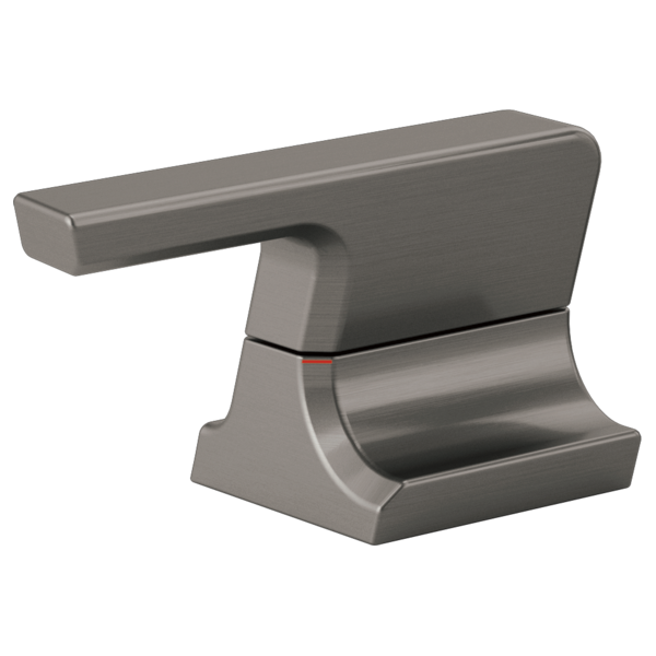 Black stainless steel bathroom faucet handle with lever design and curved base.