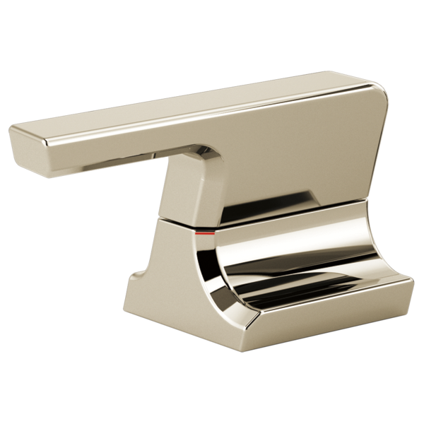 Polished nickel two-handle bathroom faucet with lever handle and curved spout.