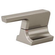 Stainless steel bathroom faucet handle with curved lever and rectangular base in brushed finish.
