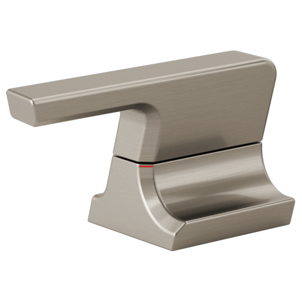 Stainless steel bathroom faucet handle with curved lever and rectangular base in brushed finish.