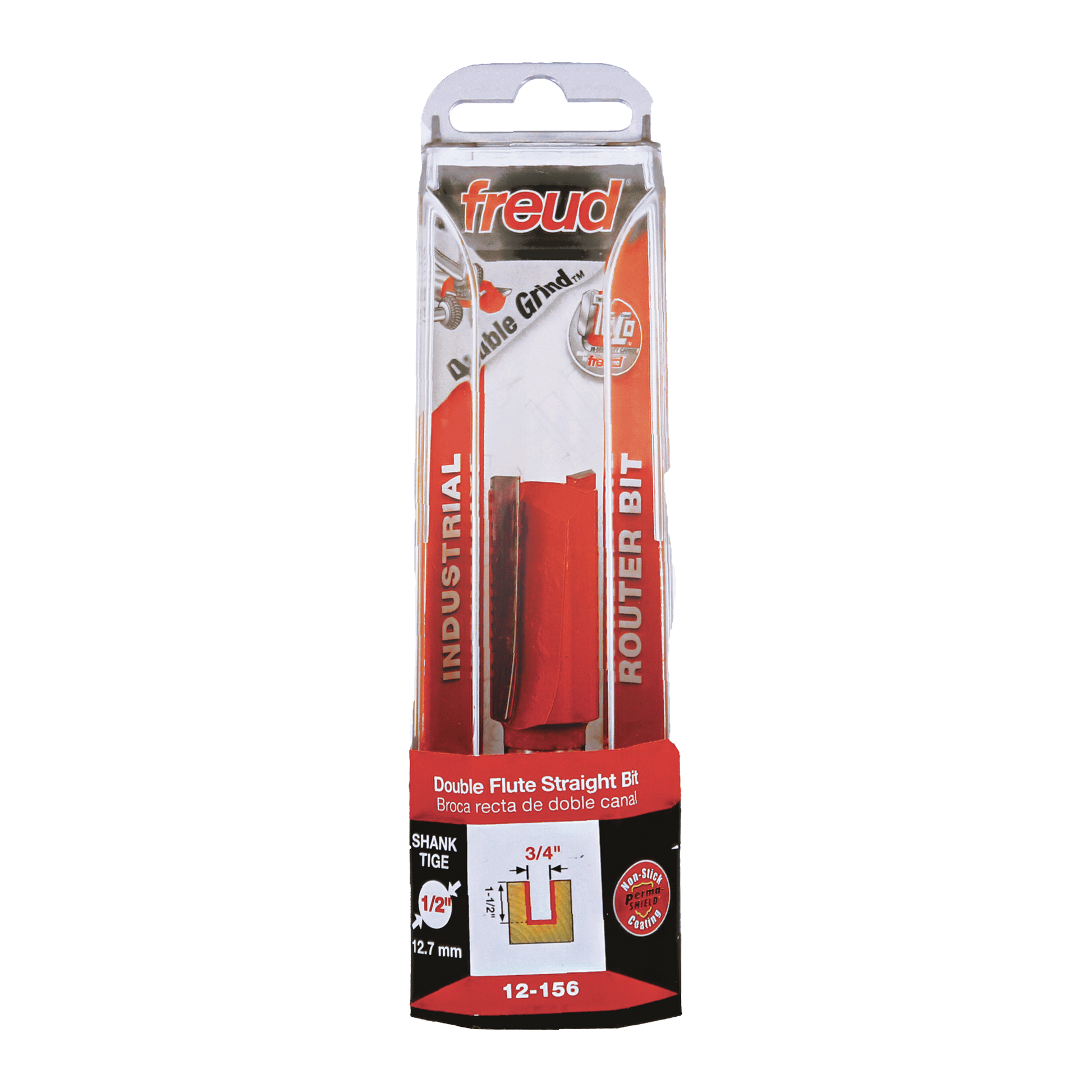 Freud 3/4" diameter double flute straight router bit with red body in clear plastic packaging.