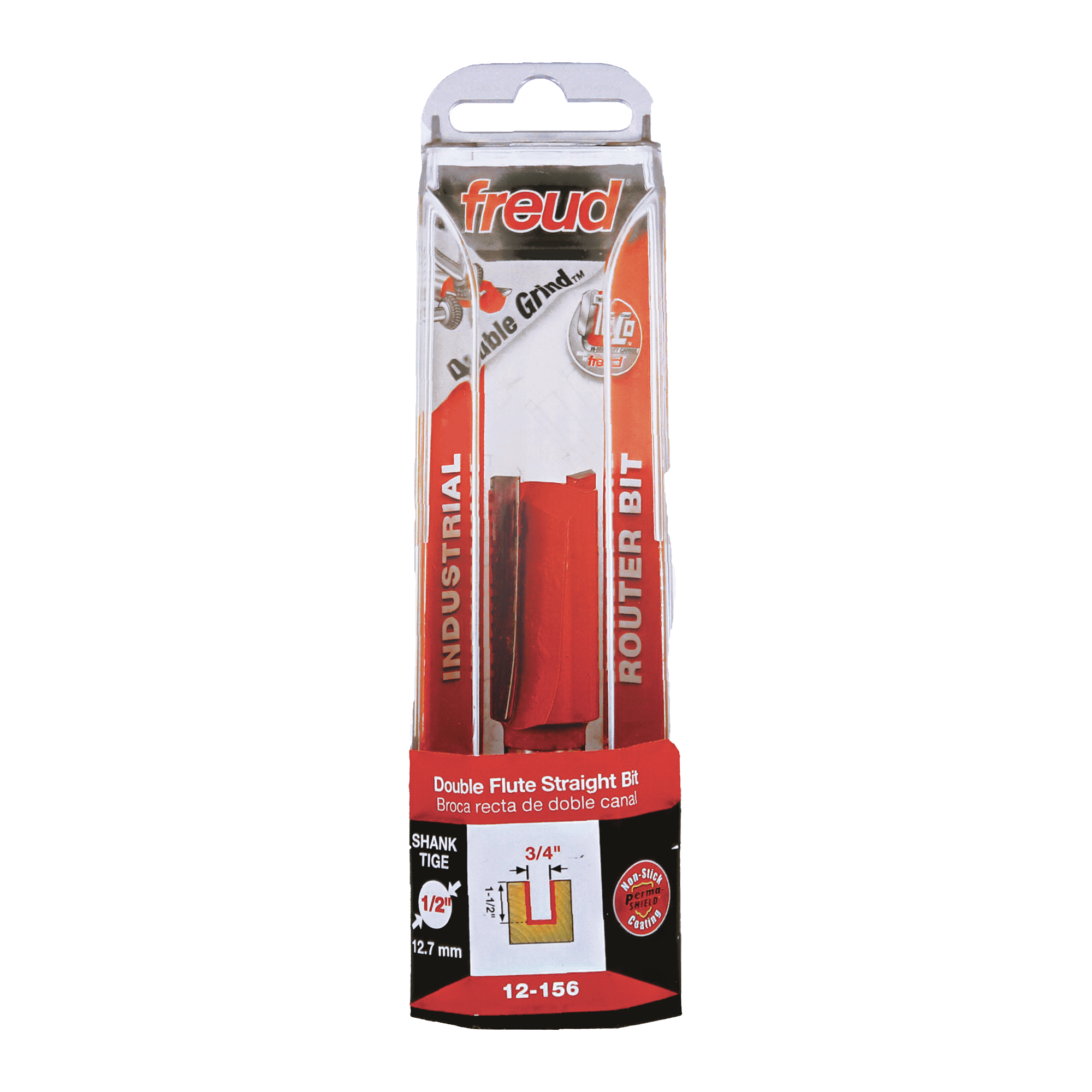 Freud 3/4" diameter double flute straight router bit with red body in clear plastic packaging.