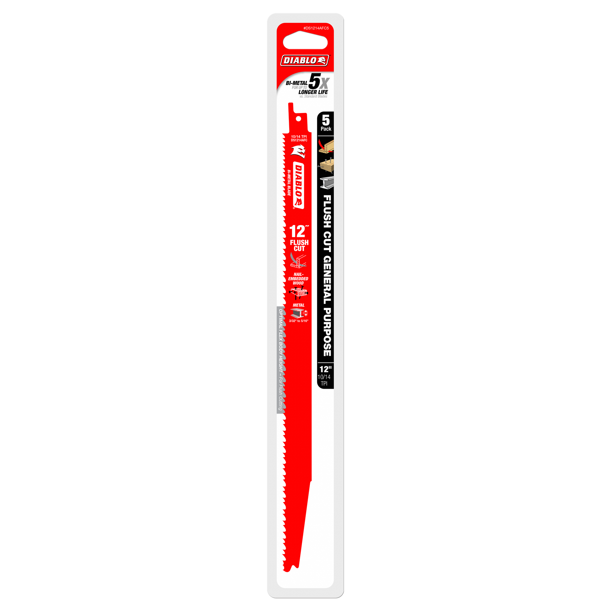 Five 12-inch Diablo flush cut reciprocating saw blades with red metal bodies and serrated cutting edges in retail packaging.