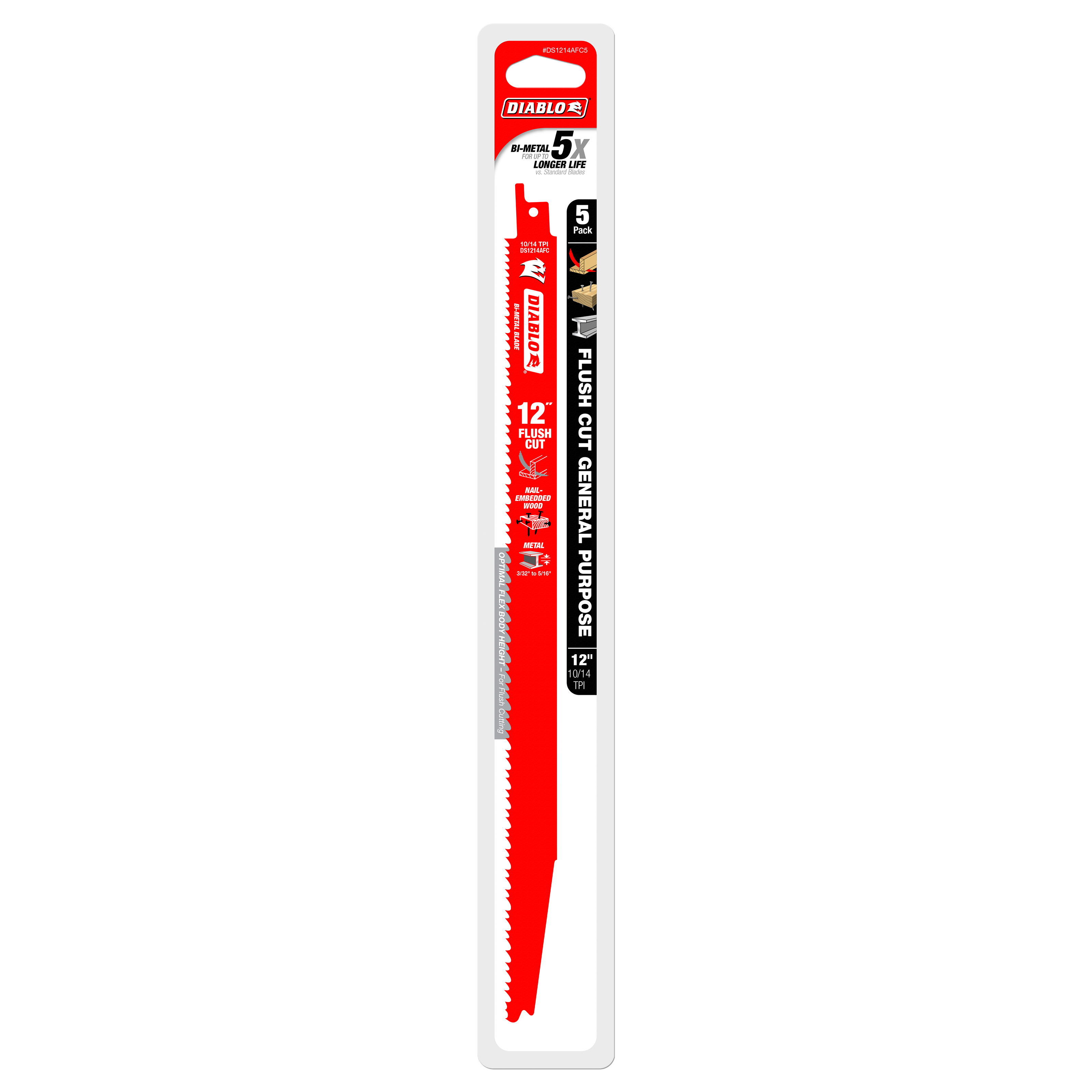 Five 12-inch Diablo flush cut reciprocating saw blades with red metal bodies and serrated cutting edges in retail packaging.