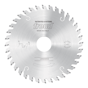 Freud circular saw blade with conical scoring teeth and central arbor hole, marked with branding and model number.
