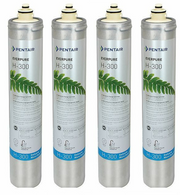 Four cylindrical Everpure H-300 water filtration replacement cartridges with cream and silver coloring and green fern leaf de