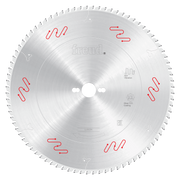 Freud 350mm circular saw blade with silver coating and multiple teeth around perimeter, white center hole, red wavy markings 