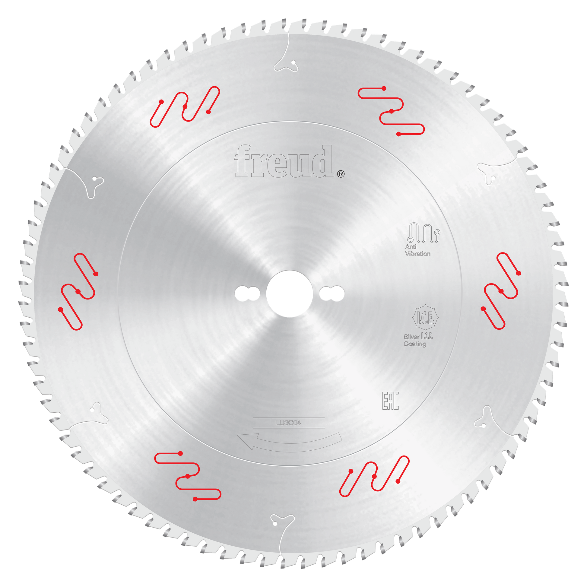 Freud 350mm circular saw blade with silver coating and multiple teeth around perimeter, white center hole, red wavy markings 