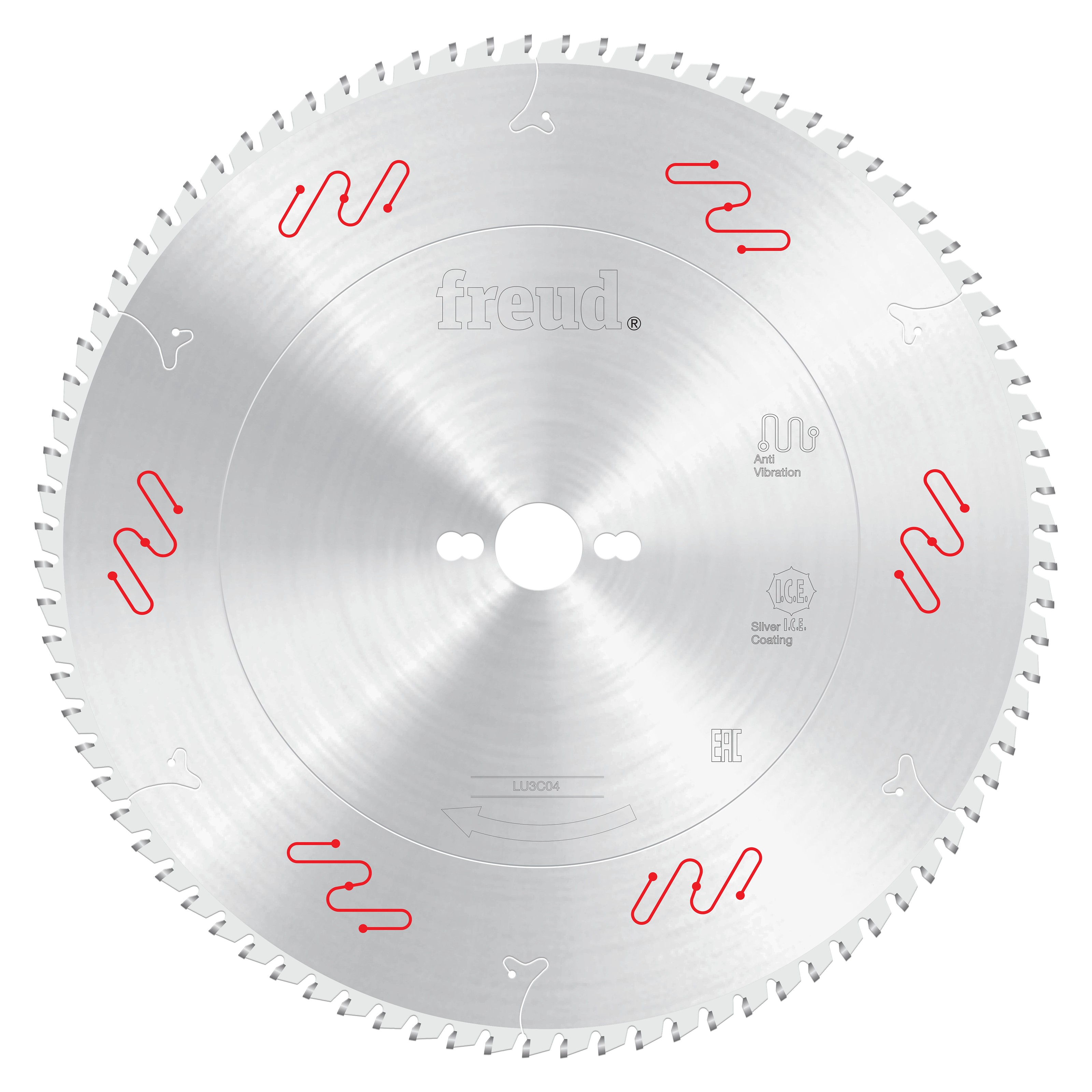 Freud 350mm circular saw blade with silver coating and multiple teeth around perimeter, white center hole, red wavy markings 