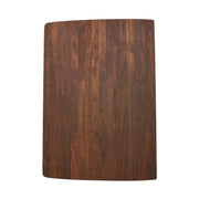 Dark brown wood cutting board with rounded corners and wood grain visible throughout.