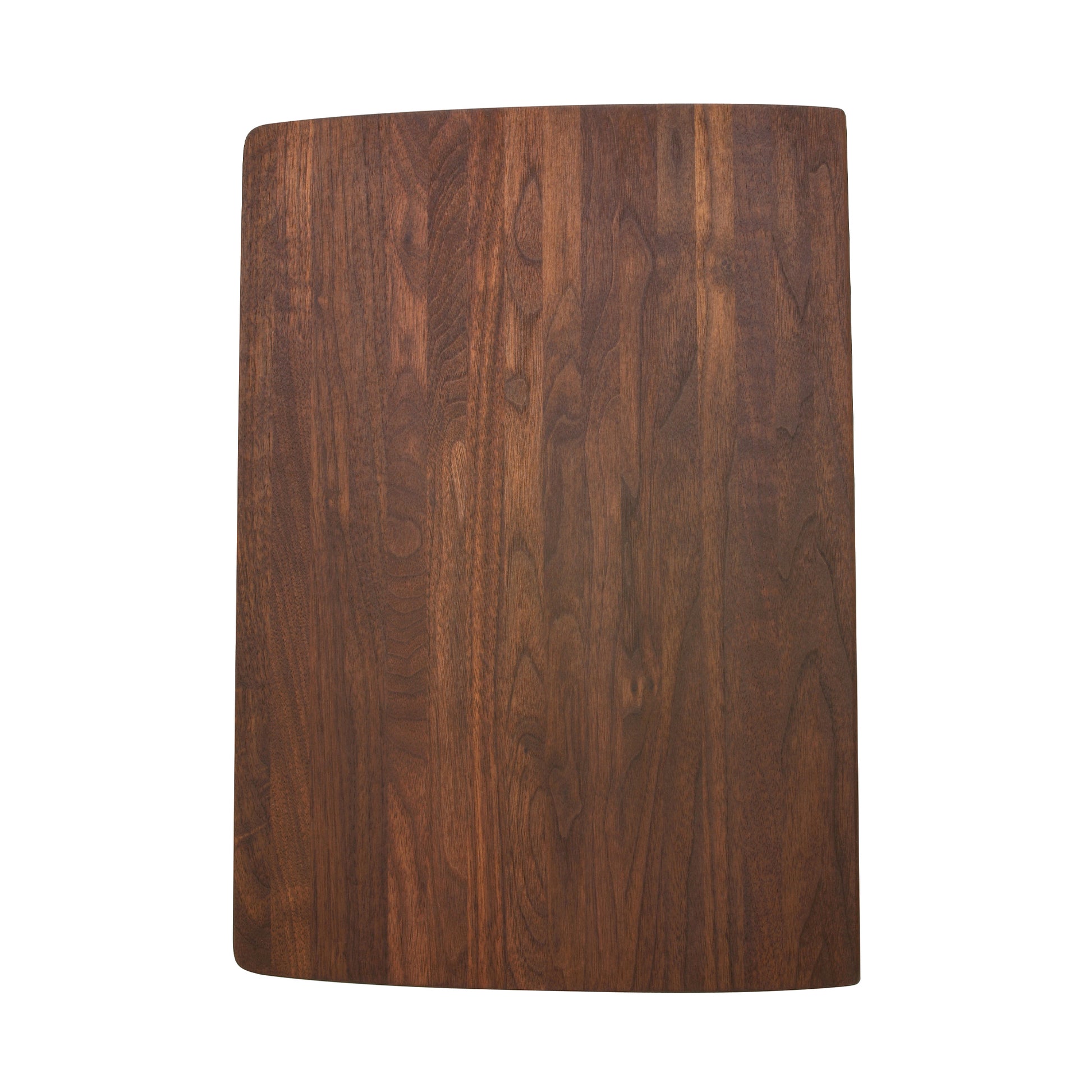 Dark brown wood cutting board with rounded corners and wood grain visible throughout.