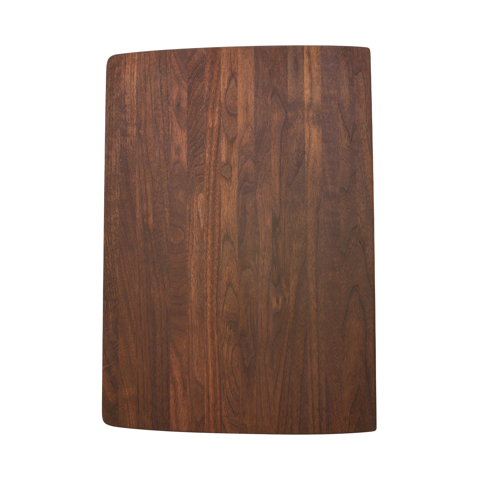Dark brown wood cutting board with rounded corners and wood grain visible throughout.