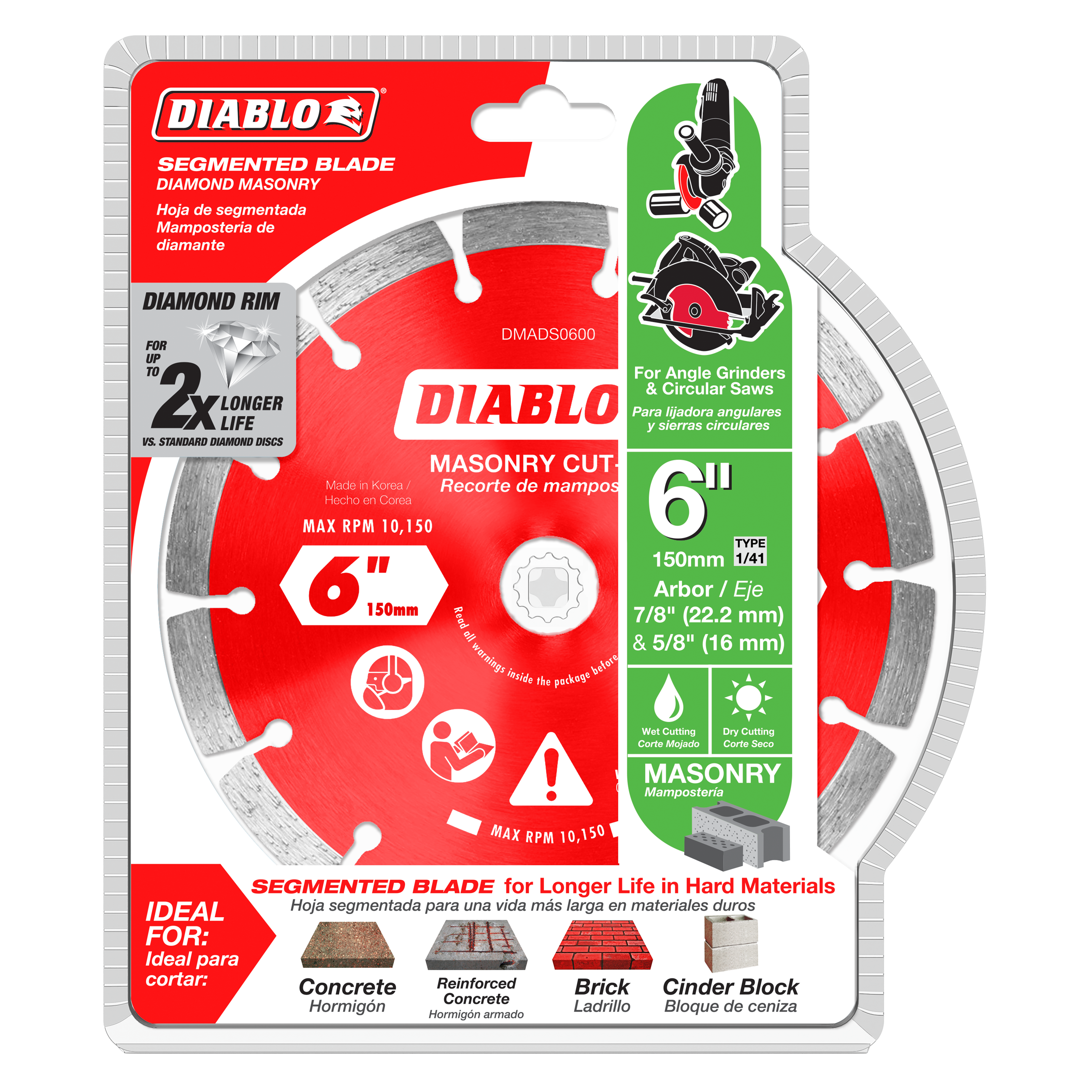 Diablo 6-inch diamond segmented masonry cutting disc with gray diamond rim and red center, showing specifications and materia