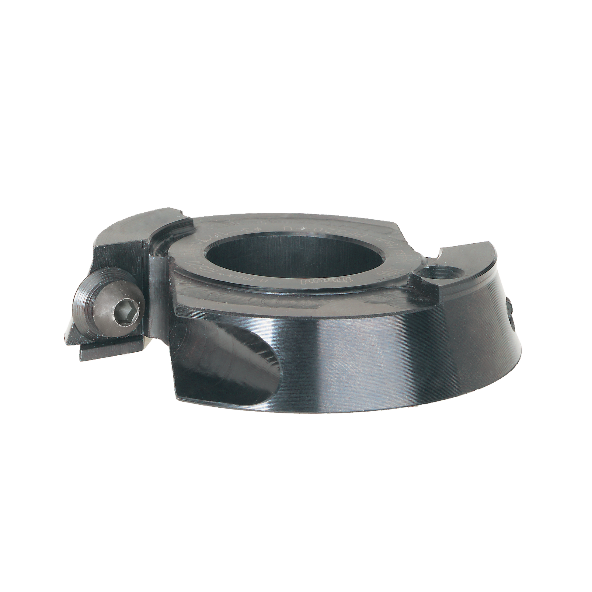 Two-piece steel door edge cutter head with 3-1/2" diameter and mounting points on sides.