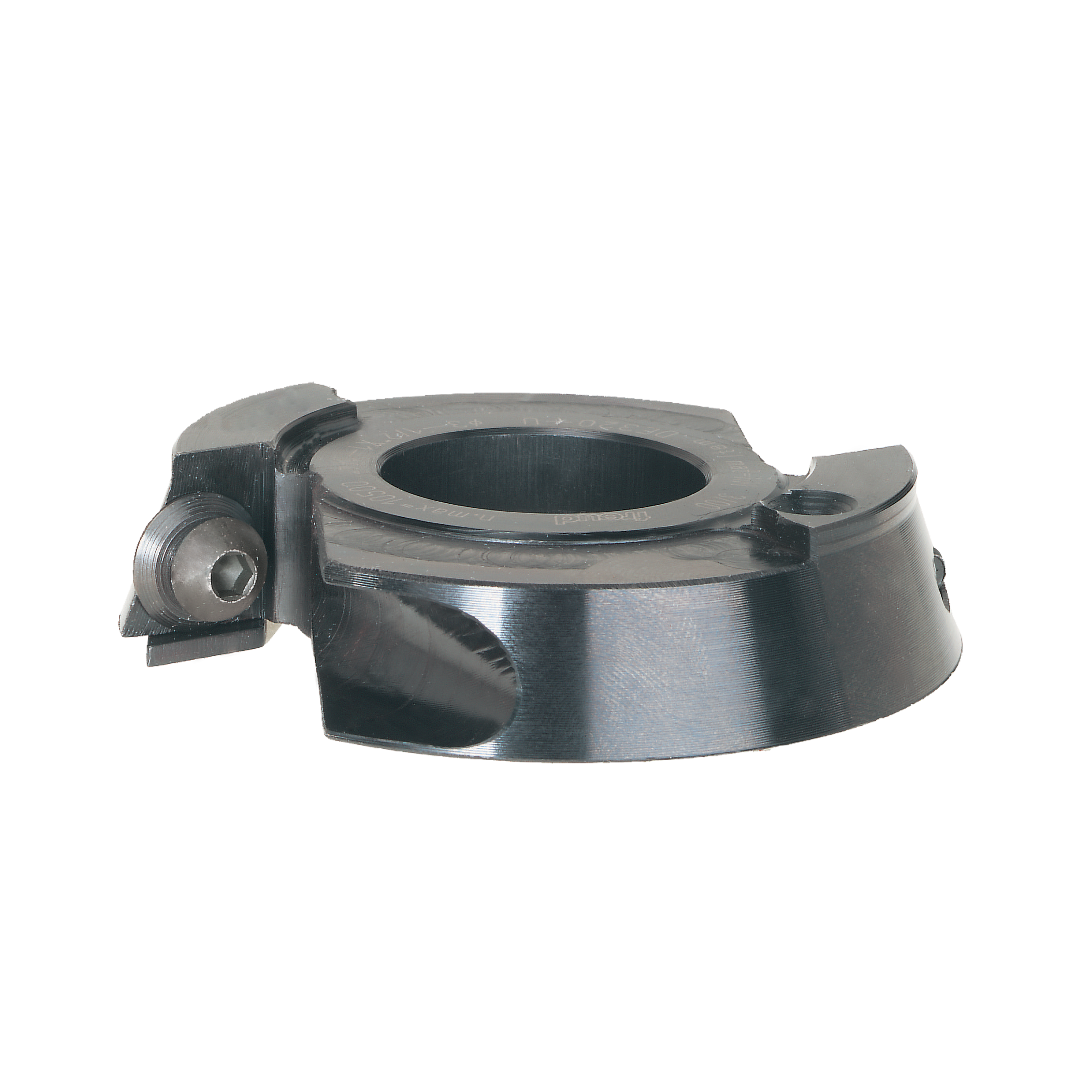 Two-piece steel door edge cutter head with 3-1/2" diameter and mounting points on sides.