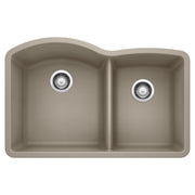 Truffle-colored double bowl undermount sink with chrome drain strainers, left bowl larger than right.