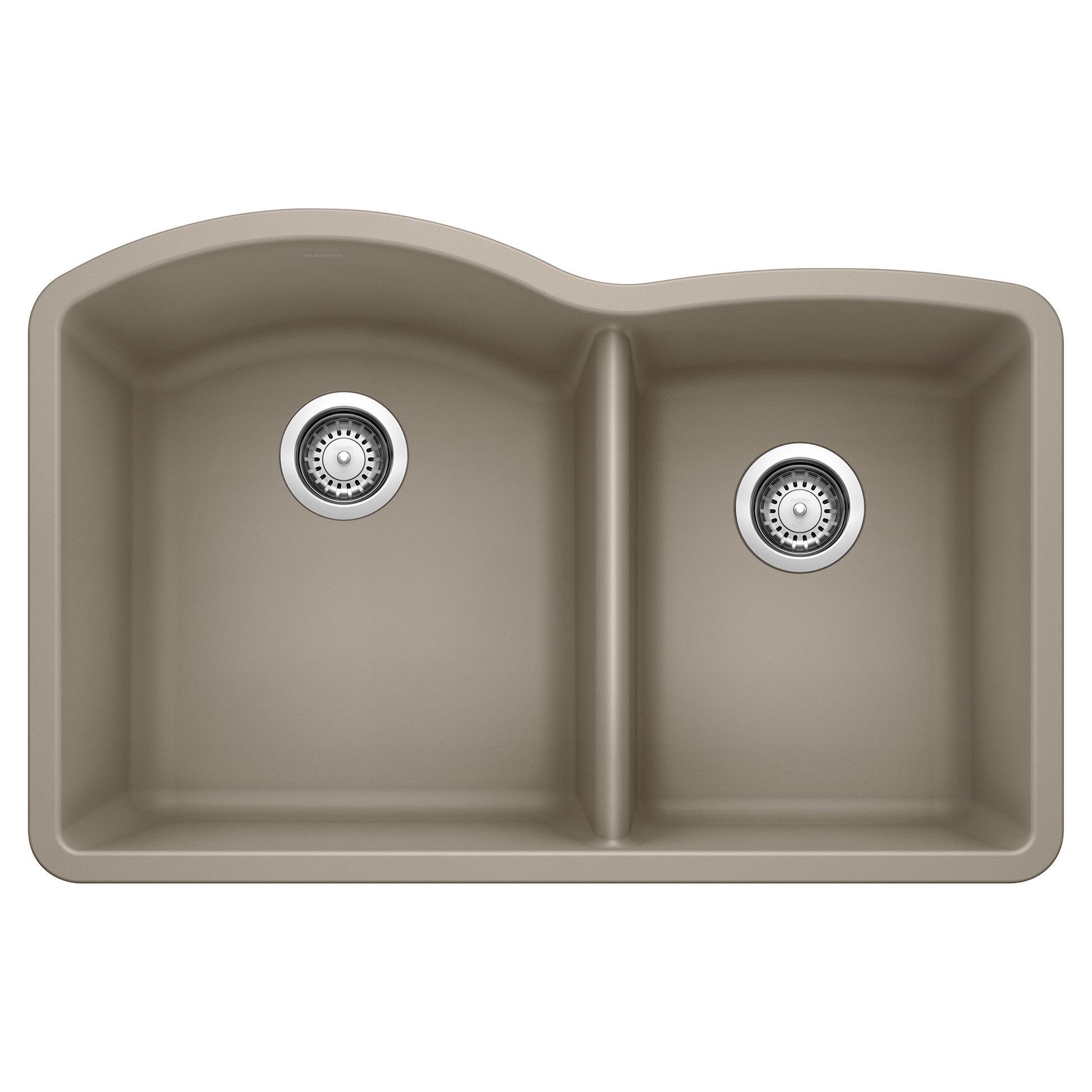 Truffle-colored double bowl undermount sink with chrome drain strainers, left bowl larger than right.