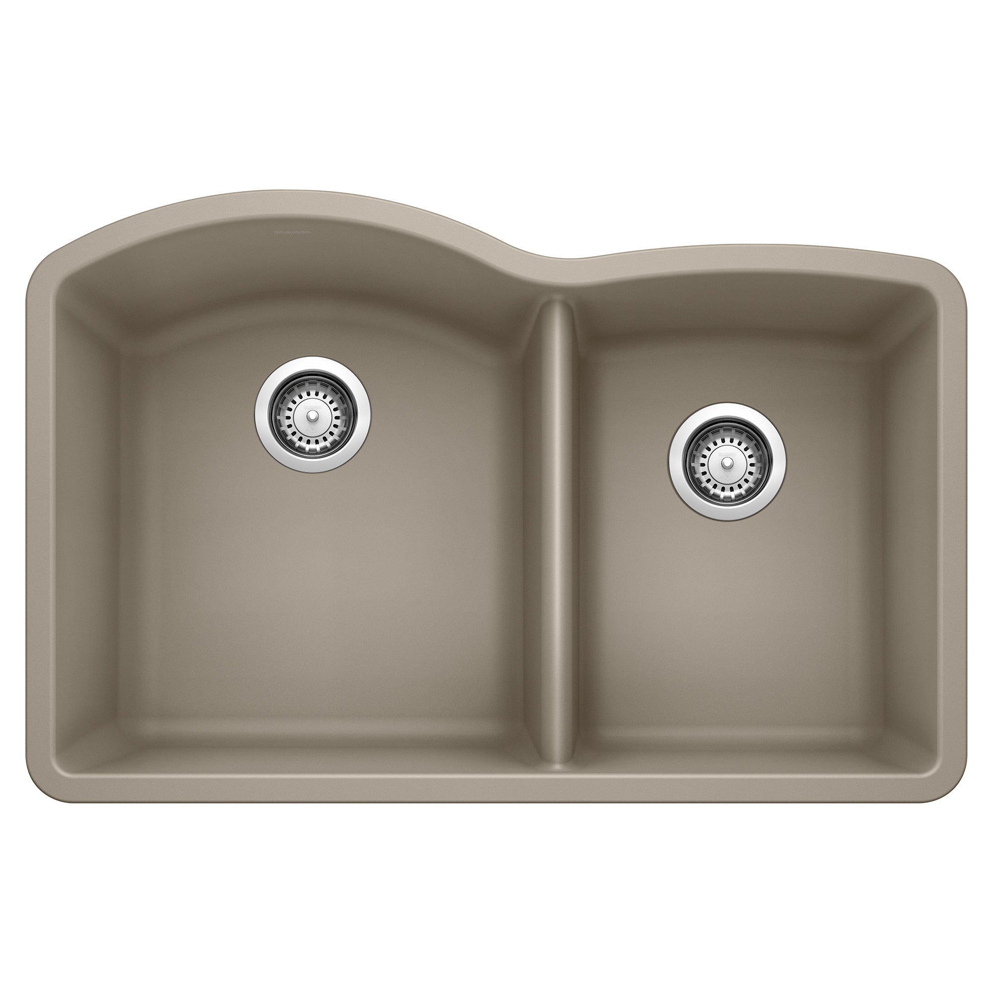 Truffle-colored double bowl undermount sink with chrome drain strainers, left bowl larger than right.
