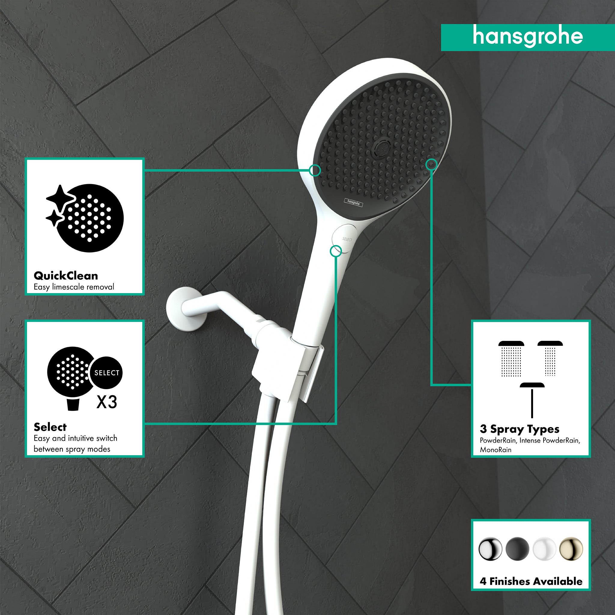 Matte white handheld showerhead with circular black face, white grip handle, and connecting hose against tiled background.