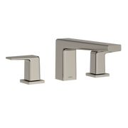 Polished nickel two-handle deck-mount roman tub filler with spout and square handles.