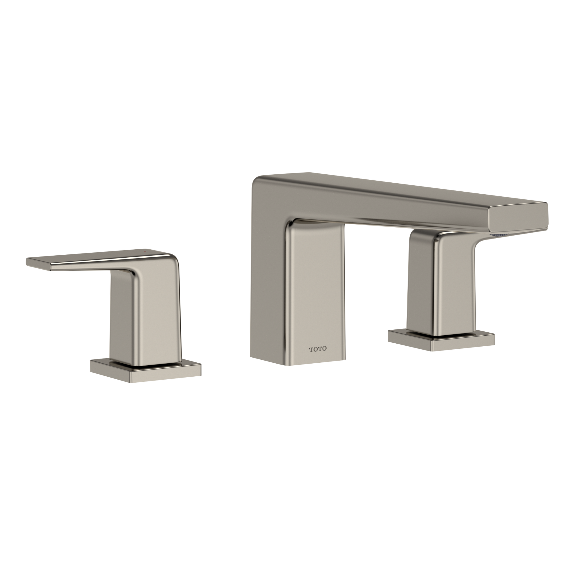 Polished nickel two-handle deck-mount roman tub filler with spout and square handles.