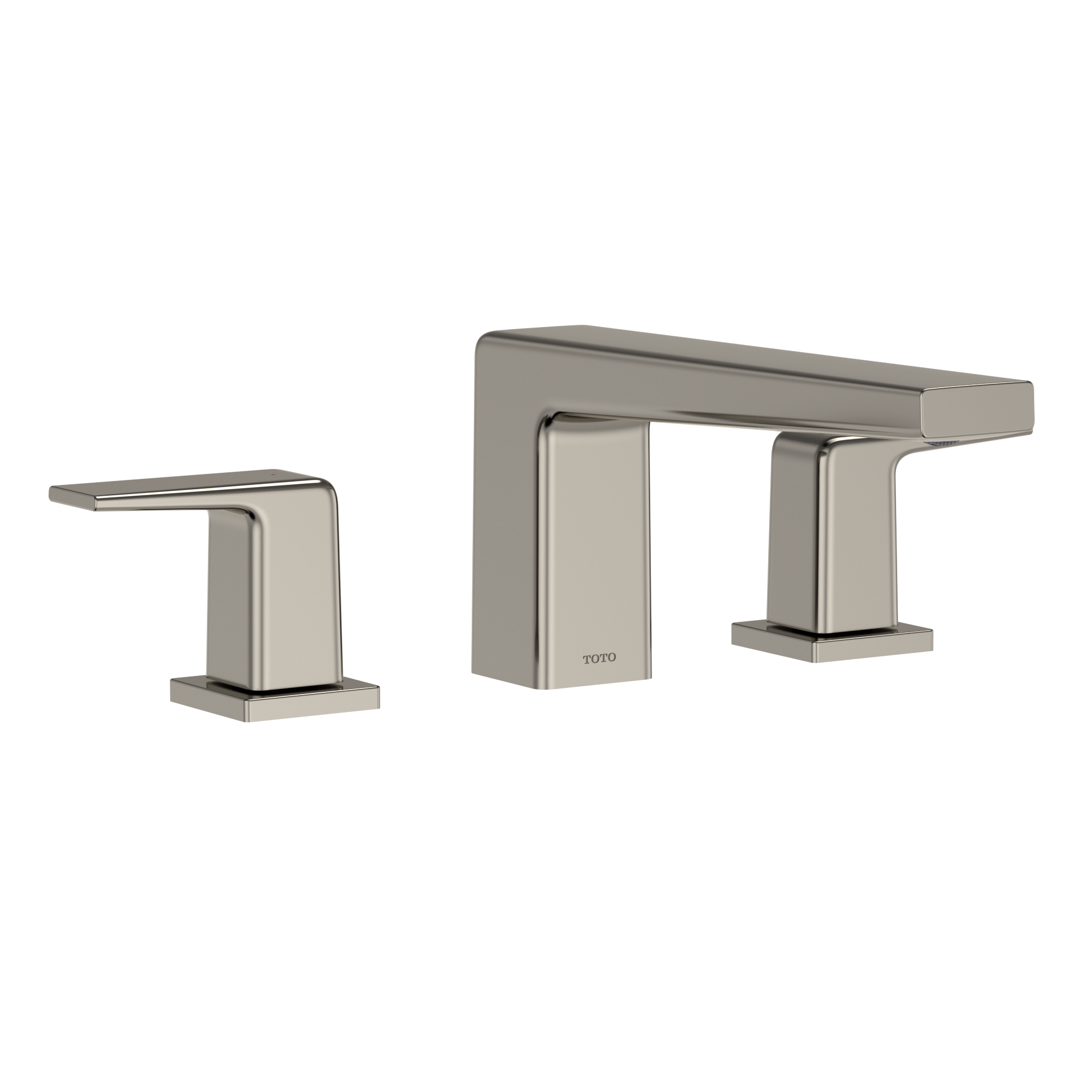 Polished nickel two-handle deck-mount roman tub filler with spout and square handles.