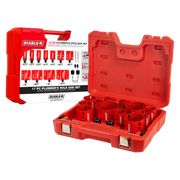 Diablo 17-piece plumber's bi-metal hole saw set in red plastic case with saws and accessories displayed.