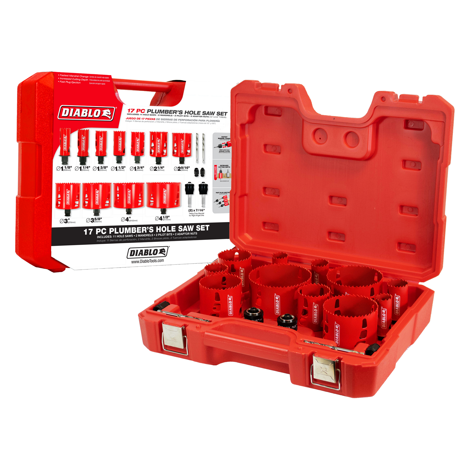 Diablo 17-piece plumber's bi-metal hole saw set in red plastic case with saws and accessories displayed.