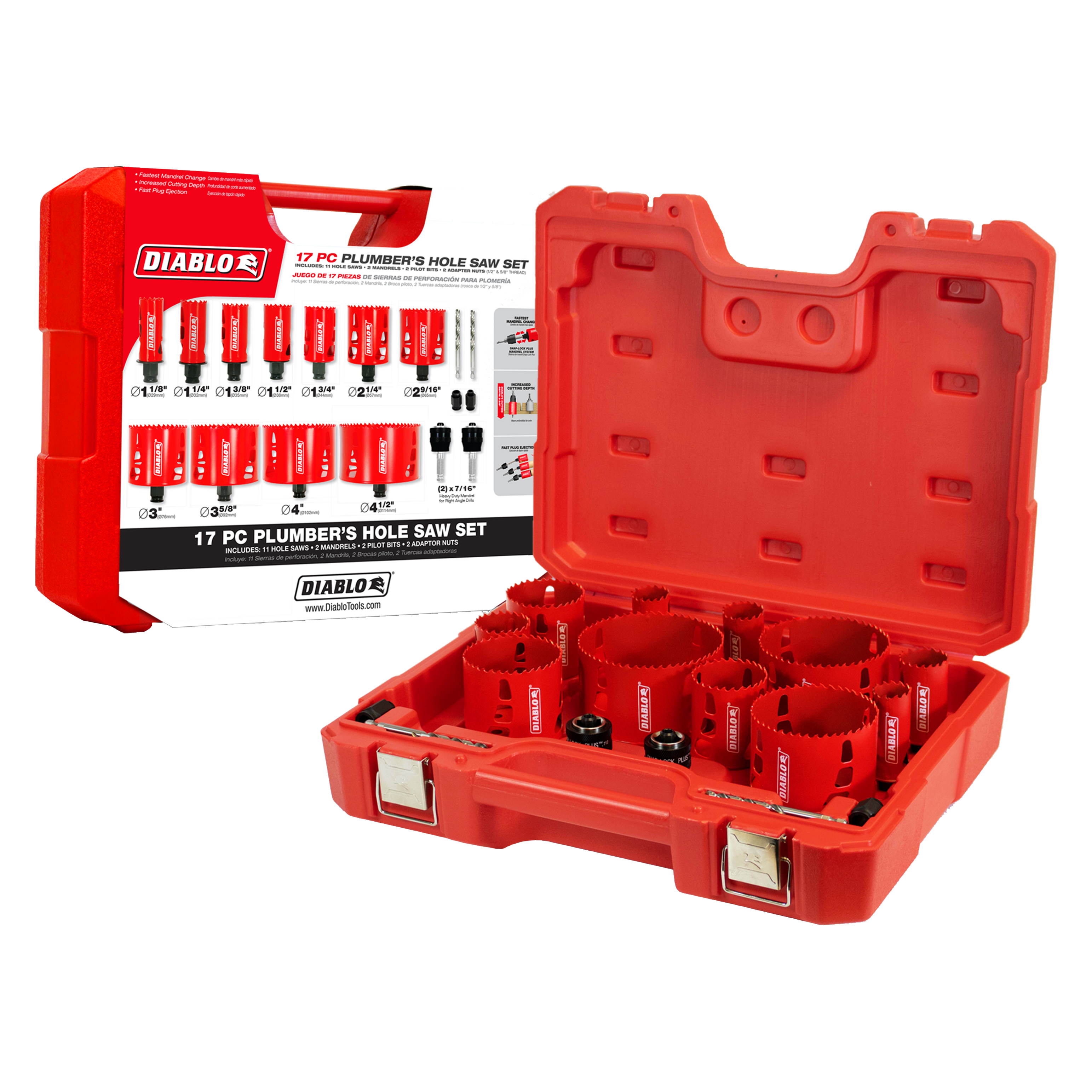 Diablo 17-piece plumber's bi-metal hole saw set in red plastic case with saws and accessories displayed.