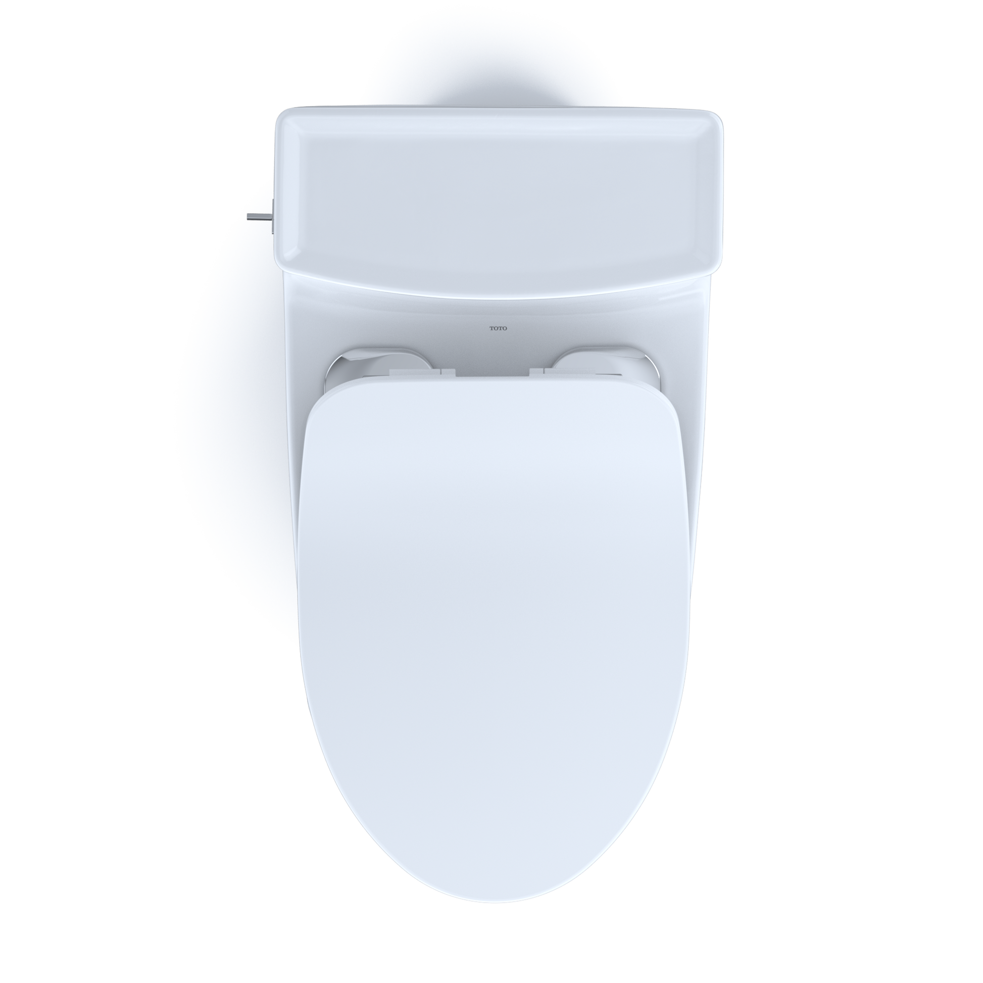 White elongated one-piece toilet with soft-close seat and integrated tank viewed from above.