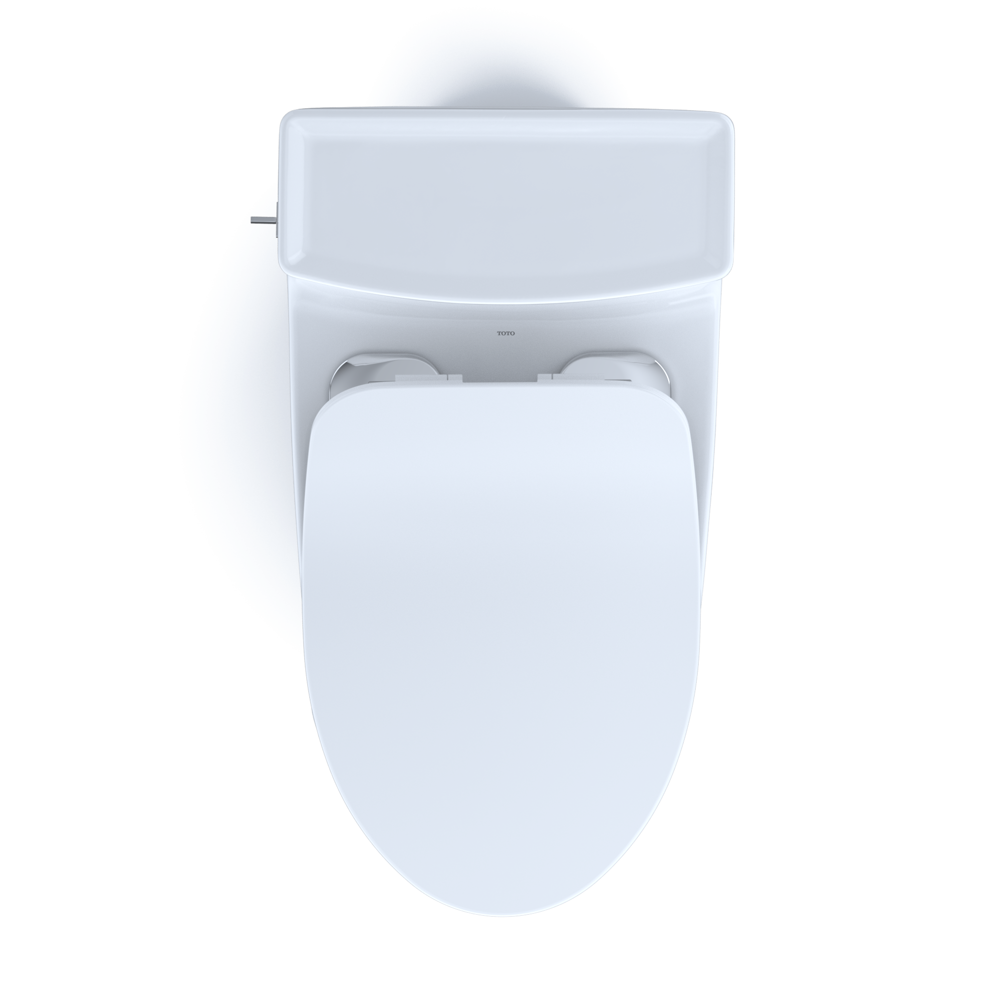 White elongated one-piece toilet with soft-close seat and integrated tank viewed from above.