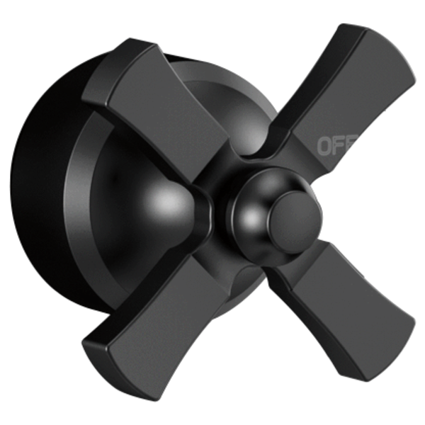 Matte black tub filler handle with cross-shaped lever and circular mounting flange.