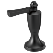 Matte black Roman tub filler with single lever handle and pedestal base.