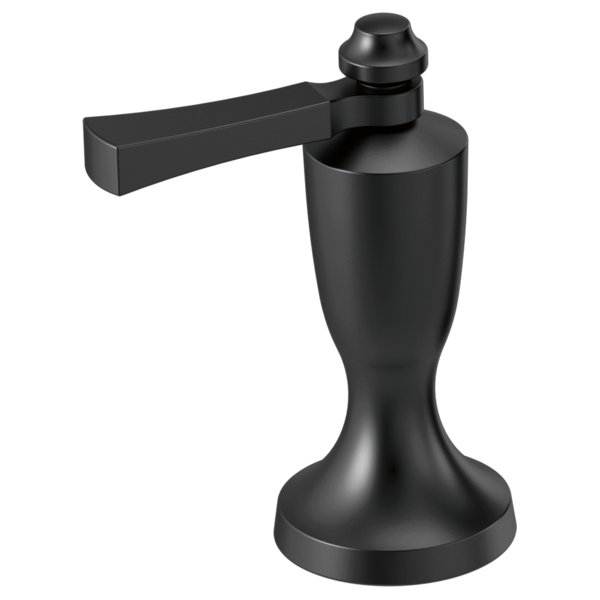 Matte black Roman tub filler with single lever handle and pedestal base.
