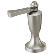 Stainless steel single-handle roman tub filler with curved spout and pedestal base.