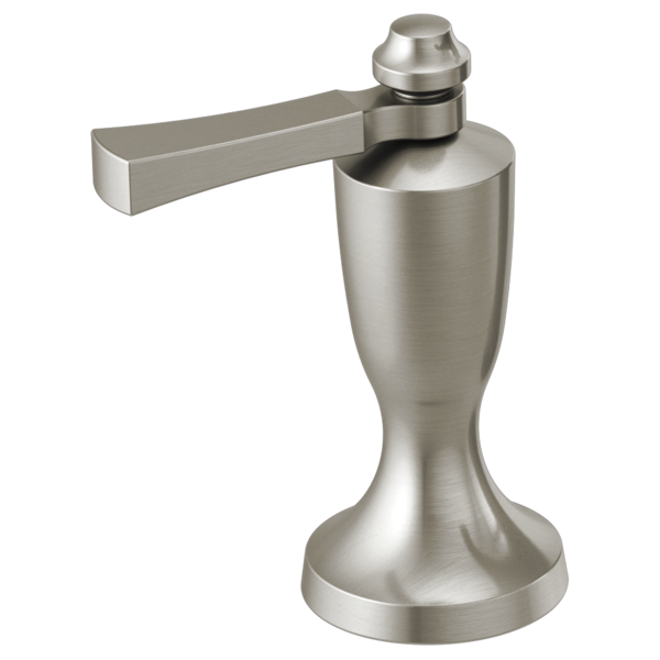 Stainless steel single-handle roman tub filler with curved spout and pedestal base.