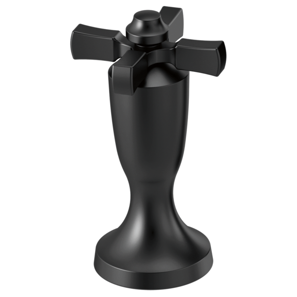 Matte black Roman tub filler with cross handles and pedestal base.