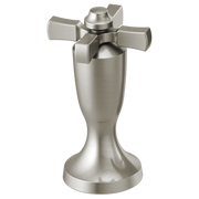 Stainless steel Roman tub filler with cross handles and pedestal base in brushed finish.