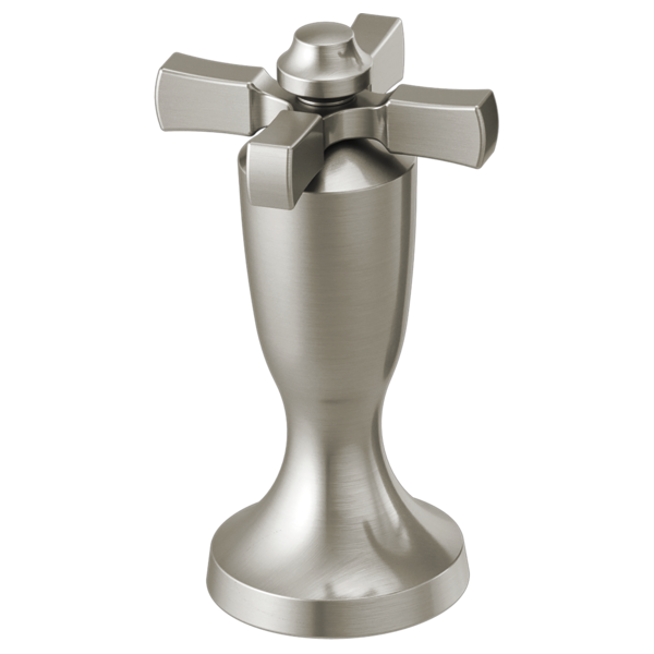 Stainless steel Roman tub filler with cross handles and pedestal base in brushed finish.
