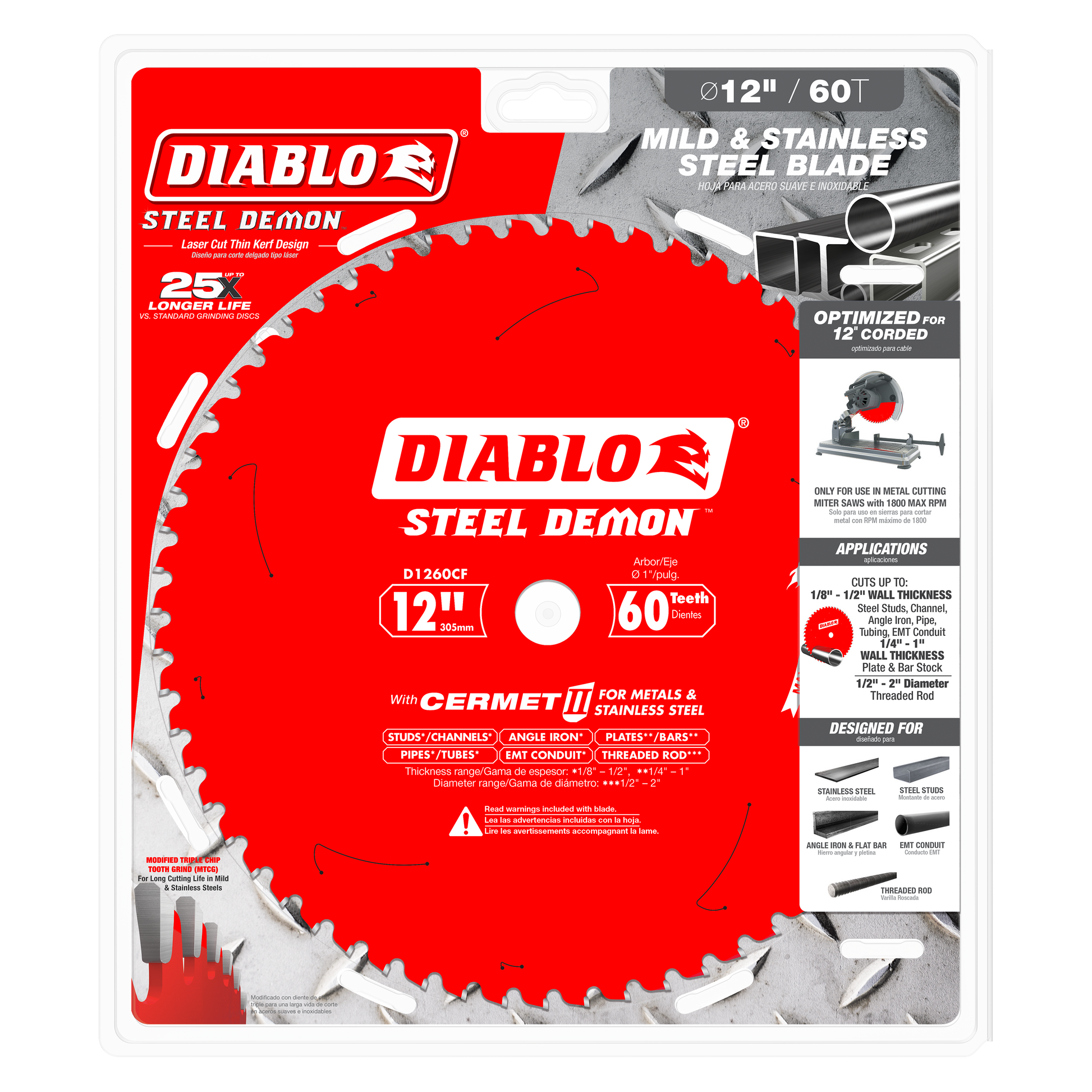 Diablo Steel Demon 12-inch 60-tooth circular saw blade with red body and silver teeth on retail packaging.