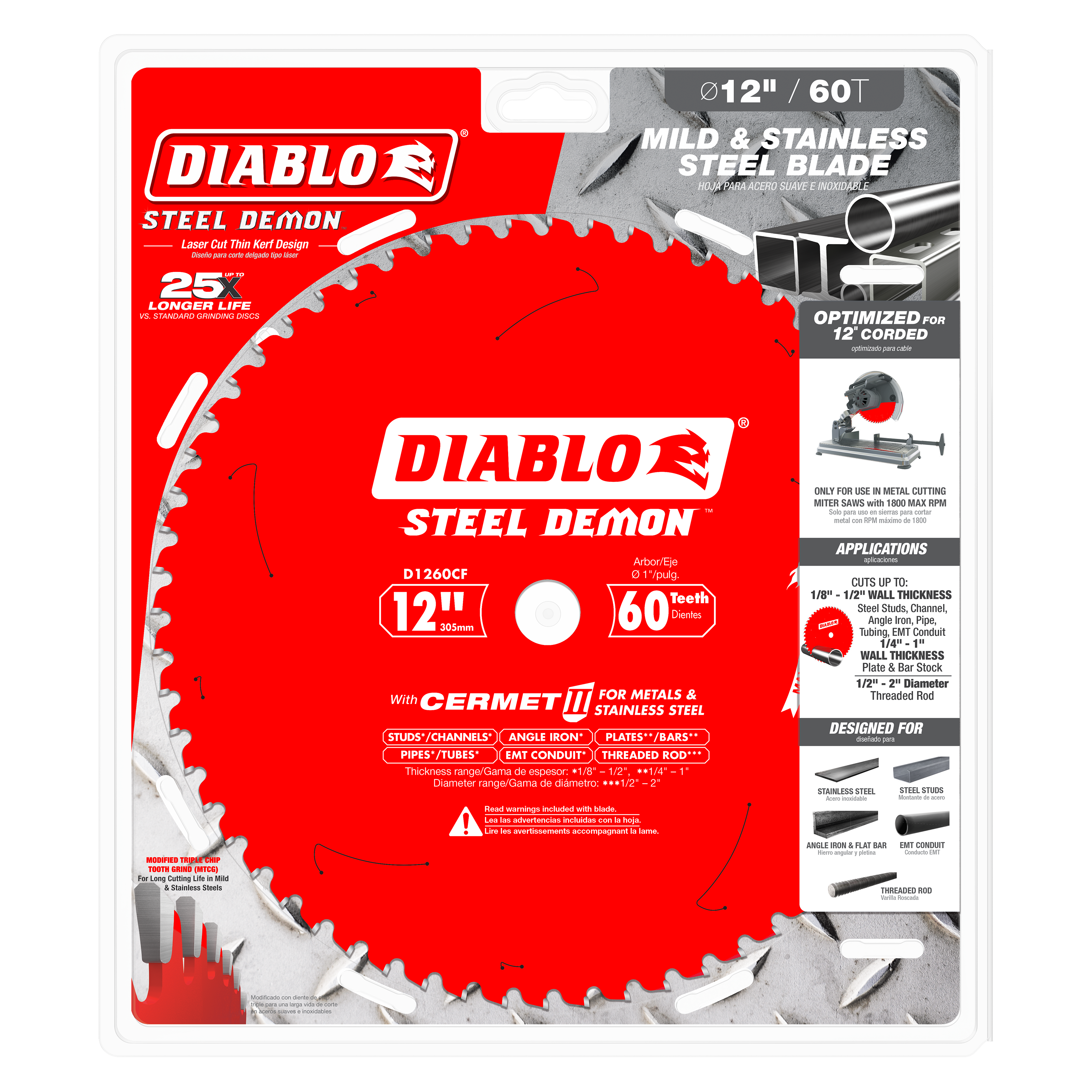 Diablo Steel Demon 12-inch 60-tooth circular saw blade with red body and silver teeth on retail packaging.