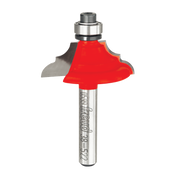 Freud router bit with red cutting head and metal shank featuring cove and bead profile design.