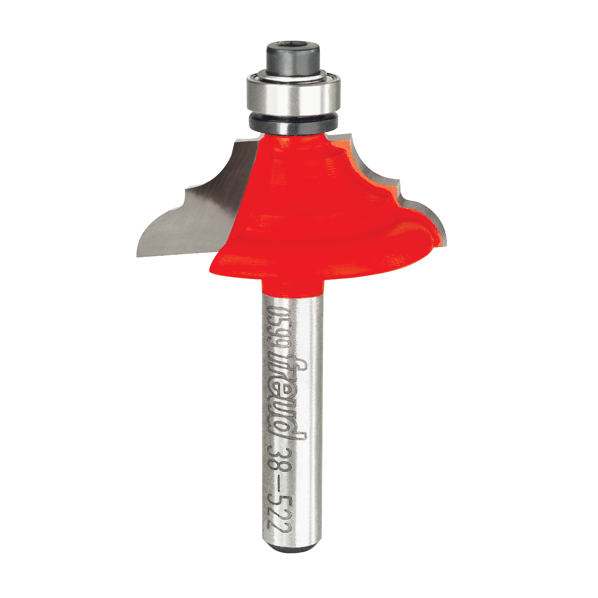 Freud router bit with red cutting head and metal shank featuring cove and bead profile design.