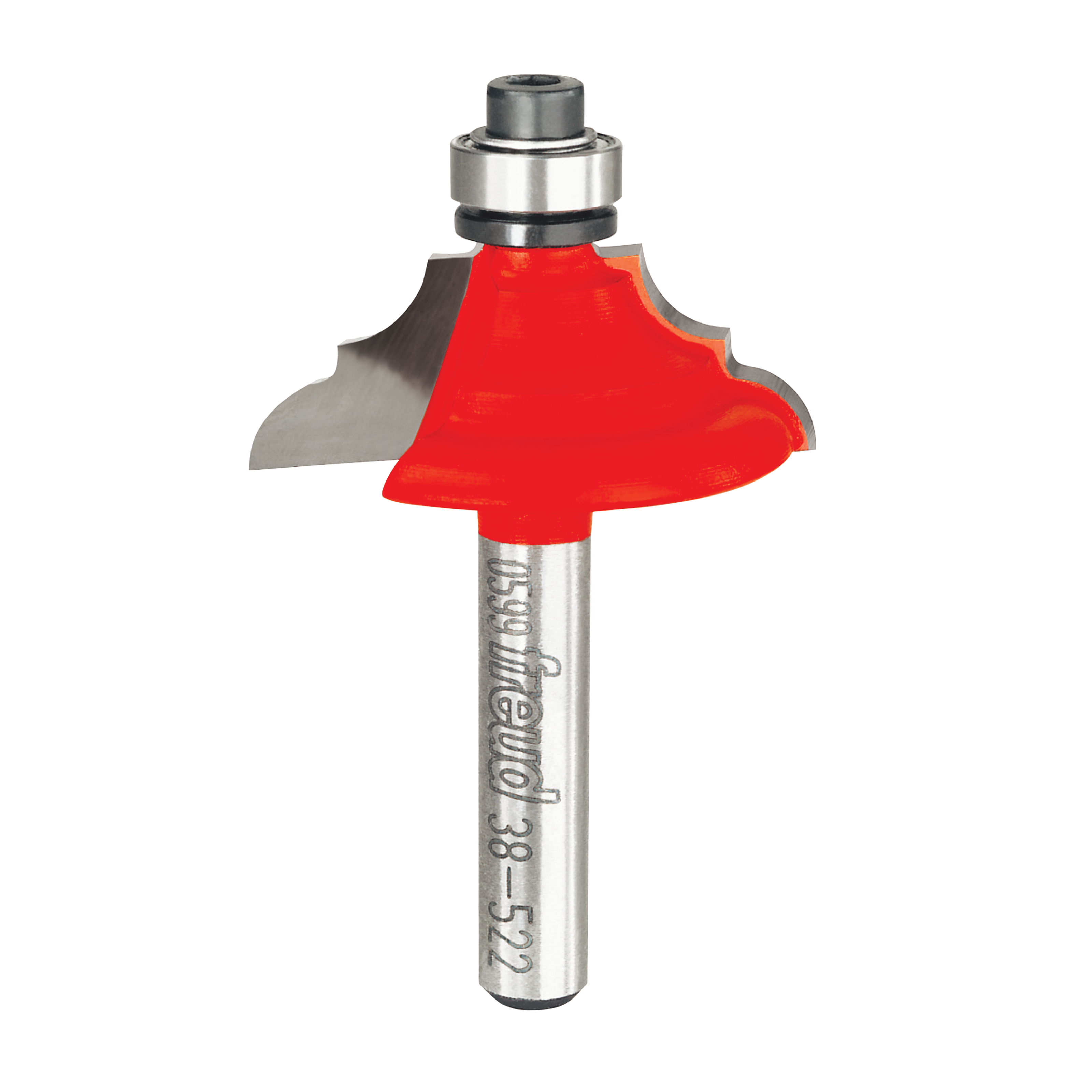 Freud router bit with red cutting head and metal shank featuring cove and bead profile design.