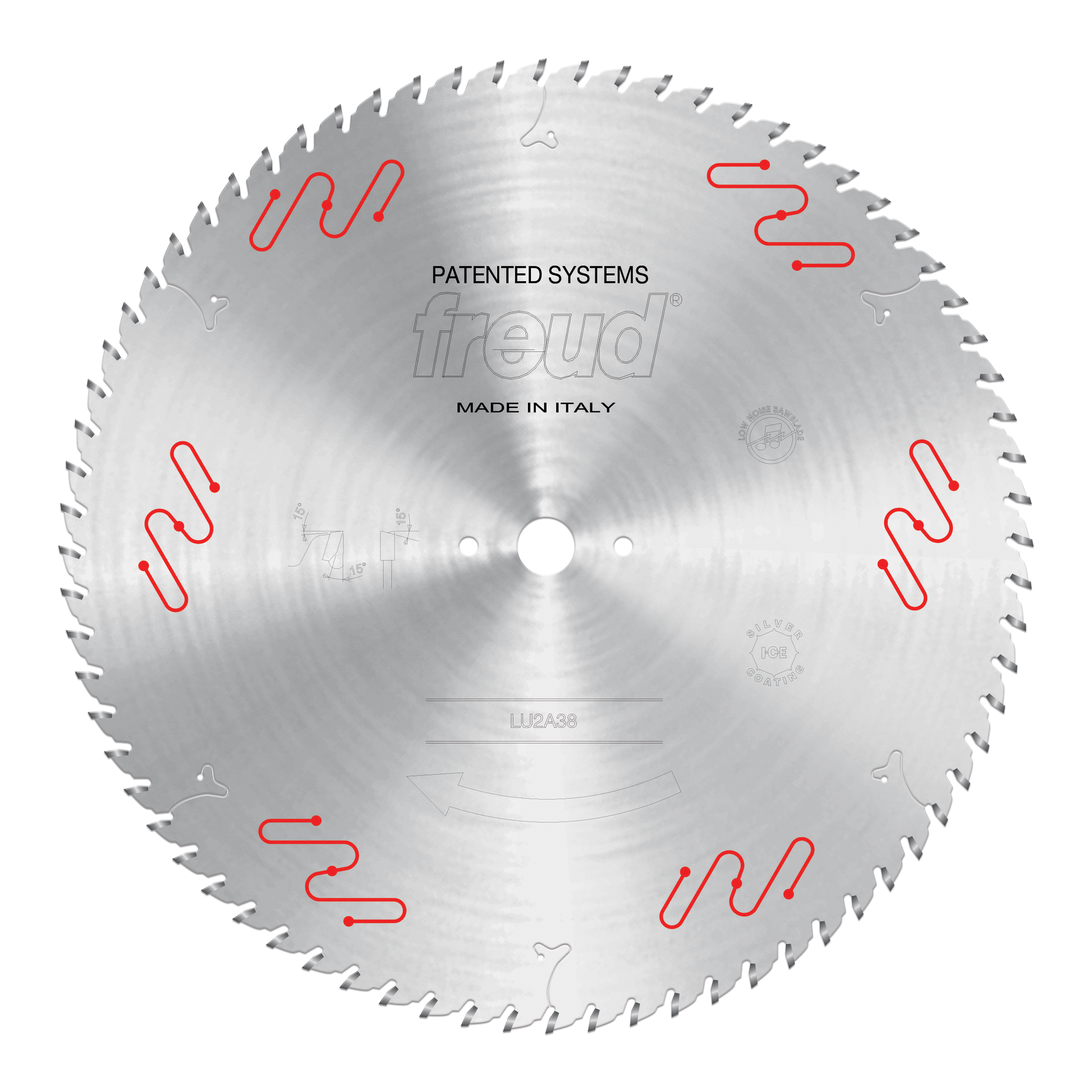 Freud LU2A38 circular saw blade with carbide teeth and center bore, marked "Patented Systems" and "Made in Italy."