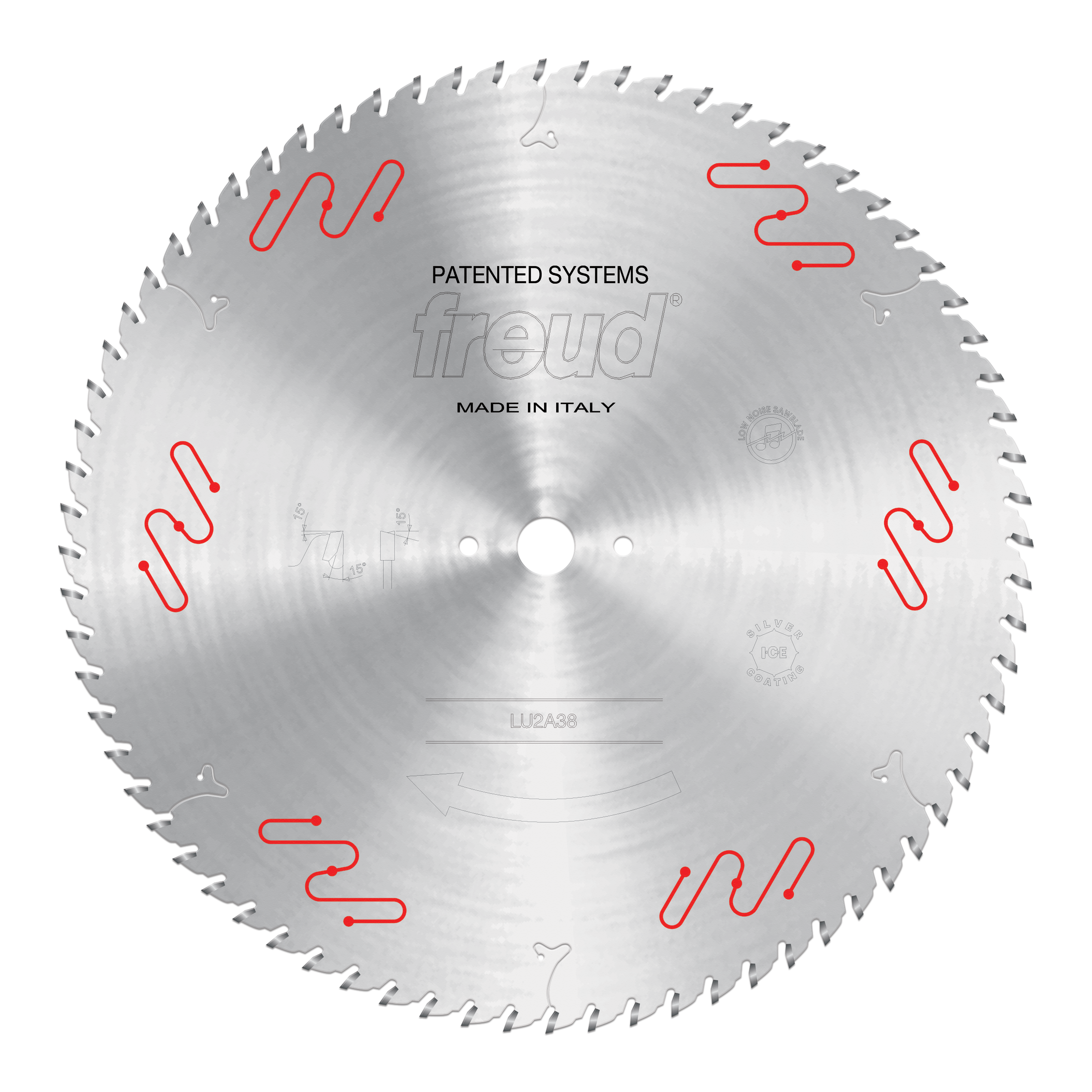 Freud LU2A38 circular saw blade with carbide teeth and center bore, marked "Patented Systems" and "Made in Italy."