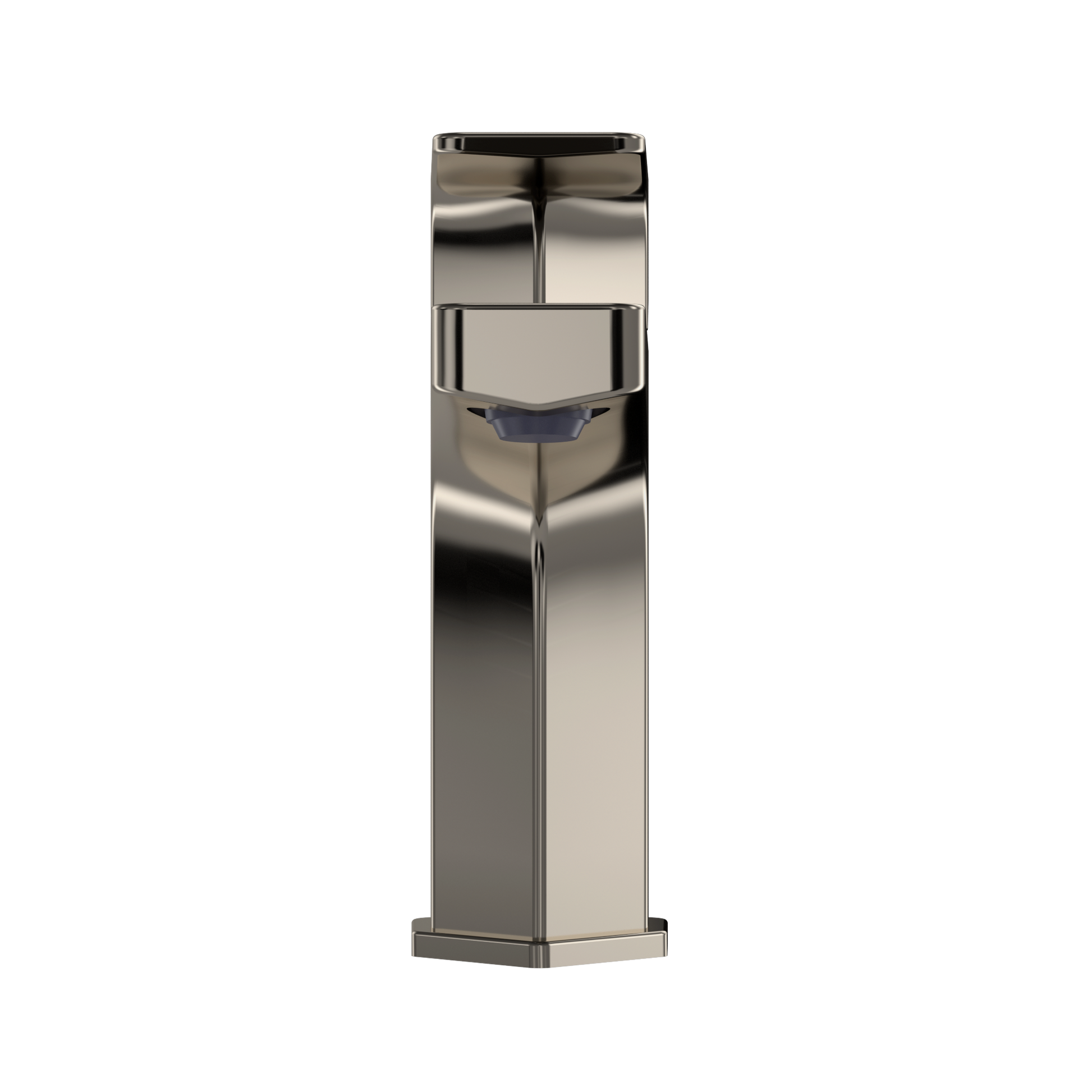 Polished nickel single-handle bathroom sink faucet with tall rectangular body and integrated basin.