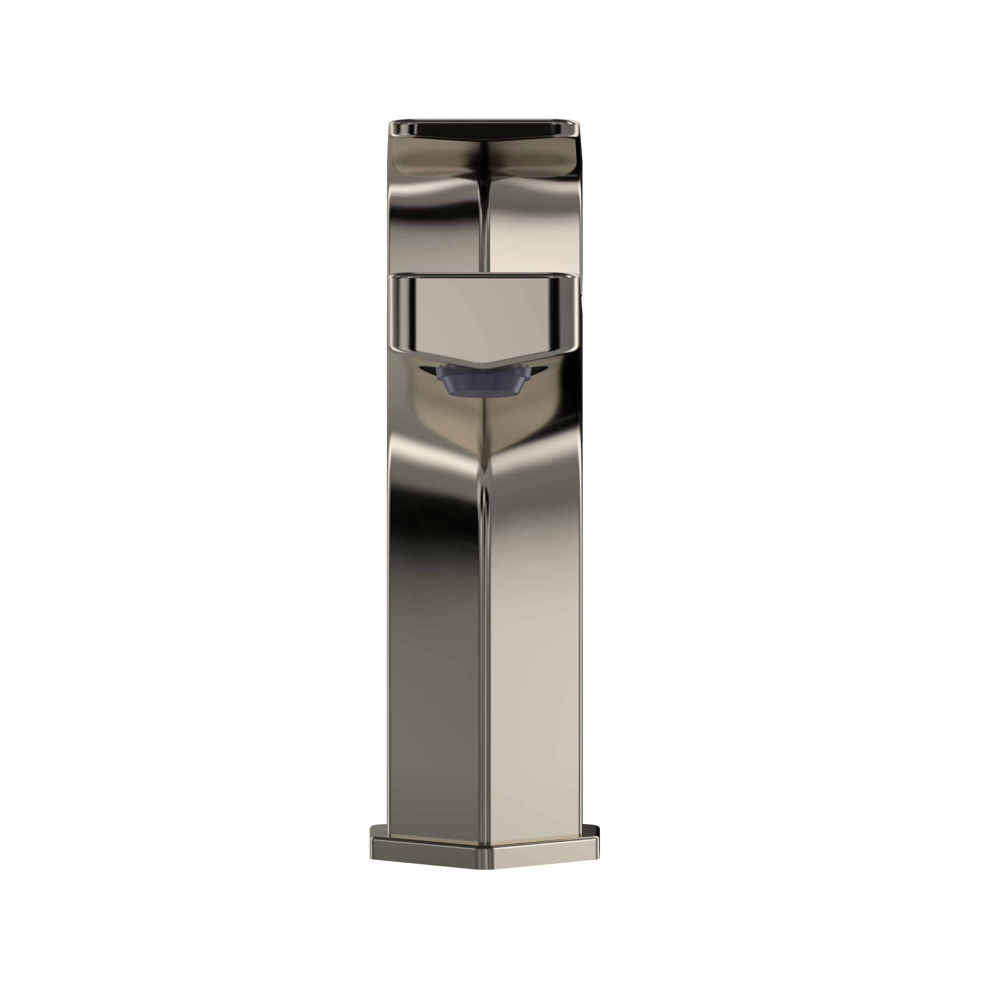 Polished nickel single-handle bathroom sink faucet with tall rectangular body and integrated basin.